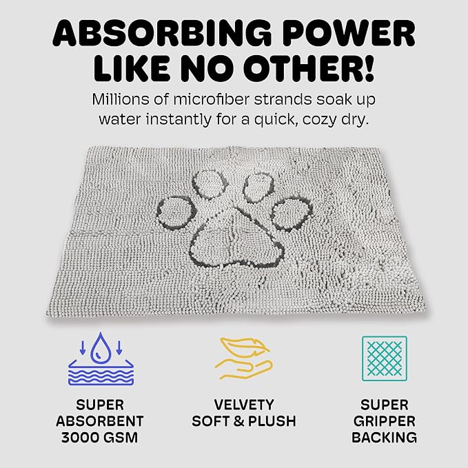 Dog Gone Smart Dirty Dog Doormat - Fast Drying Rug - Silver Grey 23 x 16 in | Super Gripper Backing for Clean Floors - Absorbent Microfiber and Machine Washable Mat for Muddy Paws