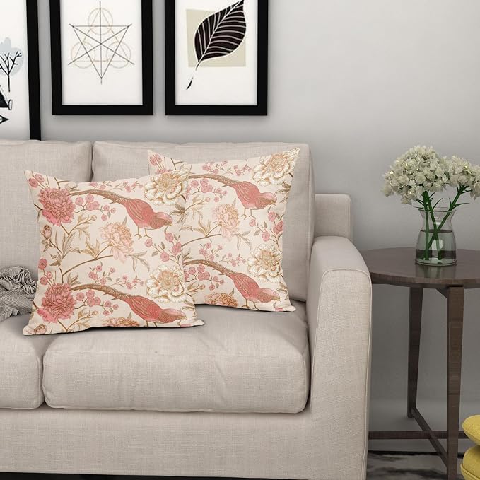 Flowers Birds Pillow Covers 16X16 Inch Set of 2 Pink White Roses Floral Leaf Decorative Pillow Cases Art Retro Gold Cotton Linen Cushion Case Vintage Home Decor for Sofa Couch Porch Outdoor