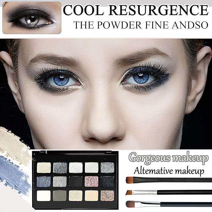 Black Grey Smoky Eyeshadow Palette,15 Colors Matte Shimmer Pigmented Eye Shadow Makeup Palette Set with 3 Eyeshadow Brushes,Glitter Eye Shadow Palette for Daily Halloween Goth Makeup(M)