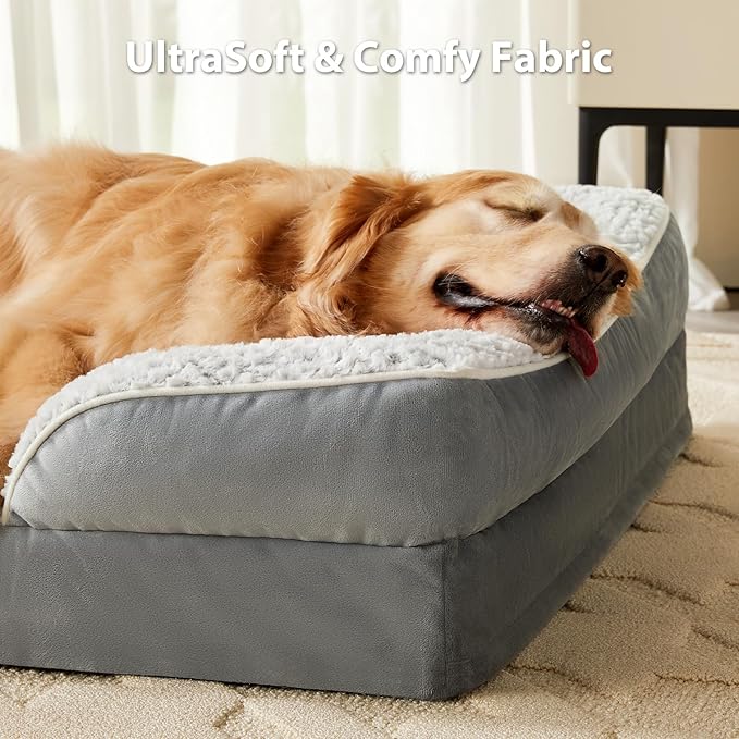 LEXTRO Orthopedic XXL Dog Bed, Washable Dog Beds for Extra Large Dogs | Comfy Sleeping Dog Bed with Egg Crate Foam, Dog Sofa with Removable Cover, Waterproof Lining&Non-Slip Bottom, Gray