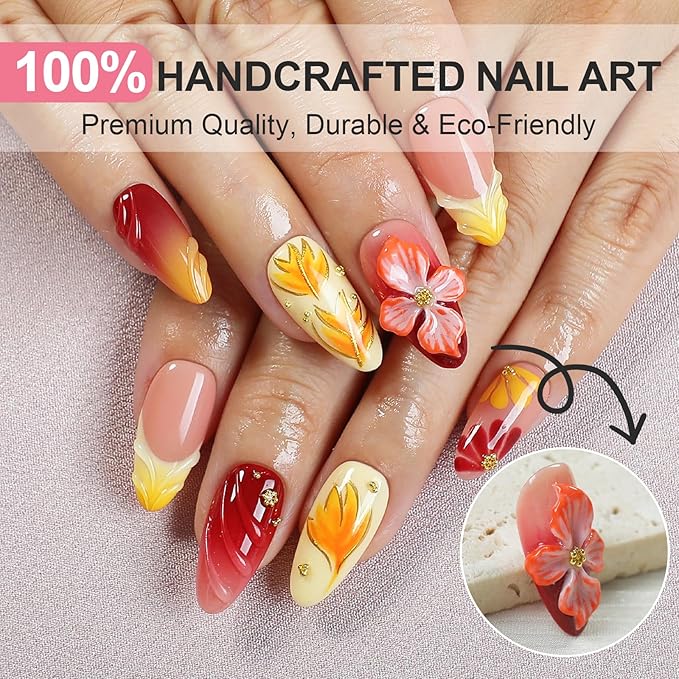 Handmade Press On Nails Almond - 3D Maple Leaf Flowers Design, French Tips Fake Nails Short, Salon-Quality Reusable, Fall/Winter Gift for Women, 10pcs Nails kit
