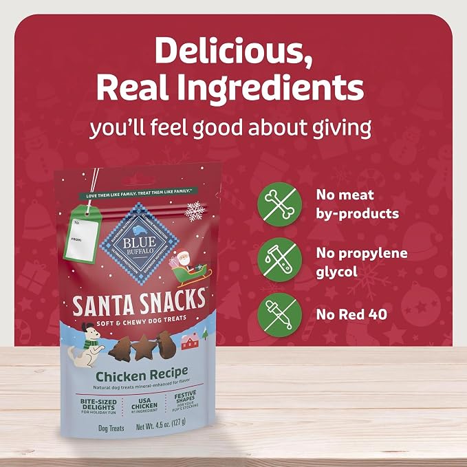 Blue Buffalo Santa Snacks Chicken Dog Treats, 4.5 oz | Limited-Time Holiday Treat, Soft-Moist Training Bits, Seasonal Shapes, No Chicken By-Product, Corn, Wheat, or Soy