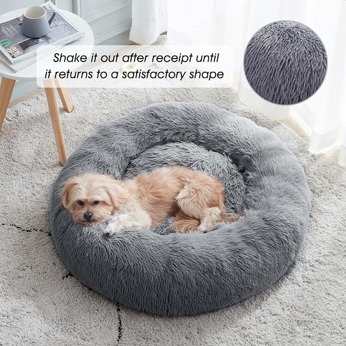 Western Home Calming Donut Cat Bed Small Dog Bed Washable,20" Navy Grey | Fluffy Faux Fur Round Cuddler,Anti-Anxiety,Anti-Slip Bottom,Self-Warming Pet Bed for Small Dog&Kitten&Puppy,Up to 12 LBS