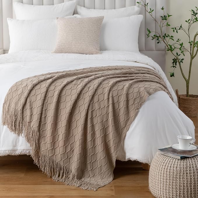 BATTILO HOME Khaki Throw Blankets for Couch, Taupe Lightweight Decorative Blankets and Throws, Boho Warm Knit Blanket for Men and Women, 50"x60"