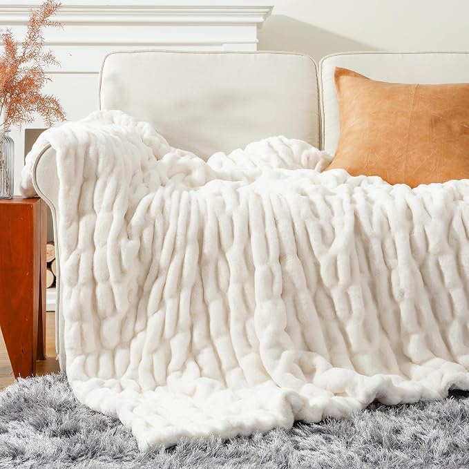 BATTILO Soft Faux Fur Throw Blanket for Couch, Double Side, 60"x80", White | Luxury Minky Couture Blanket, White Throw Blanket, Silky Cozy Soft Thick Faux Fur Blanket For Bed, Sofa Living Room