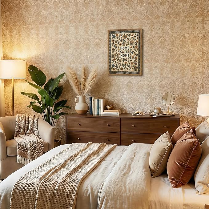 Vintage Mosaic Floral Wall Art Home Sweet Home Tile Florals Wall Decor Painting, Retro Country Boho Poster Canvas Print Picture for Living Room Bedroom 12x16 inch Wood Framed