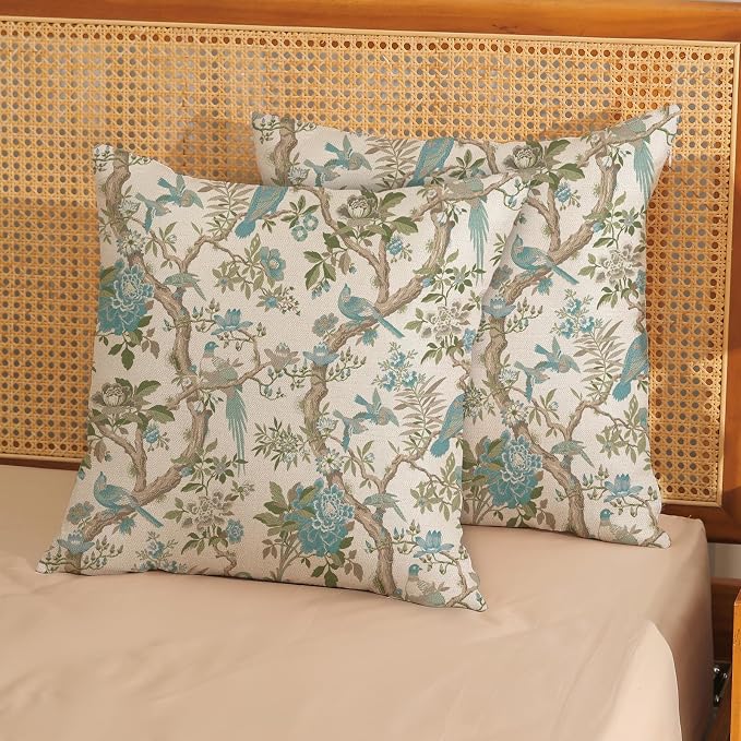 Teal Green Floral Bird Pillow Covers 18x18 Inch Set of 2 Chinoiserie Throw Pillows Vintage Flowers Bird Decorative Pillow Cases Outdoor Chinoiserie Decor Farmhouse Cushion Case for Couch Sofa