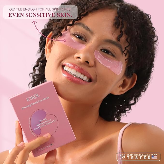 Ginseng Youth Under Eye Patches for Women - Smoothes Wrinkles & Firms Skin. Visibly Fades to Clear in 40 Mins, Fully Absorbed in 3Hrs. Pink, 24 Pairs.