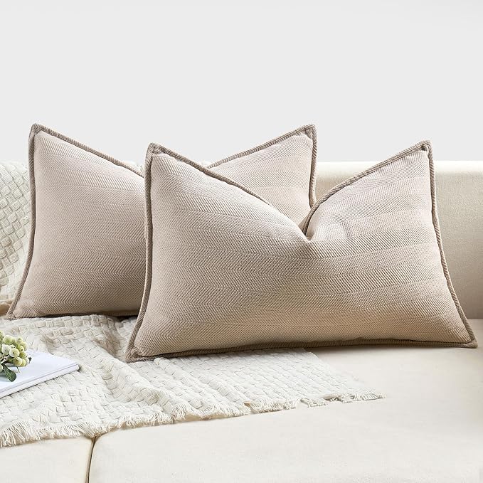 MIULEE Pack of 2 Beige Decorative Lumbar Chenille Pillow Covers 12x20 Inch | Soft Couch Throw Pillows,Farmhouse Cushion Covers with Elegant Design for Sofa,Bedroom,Living Room,Spring Home Decor