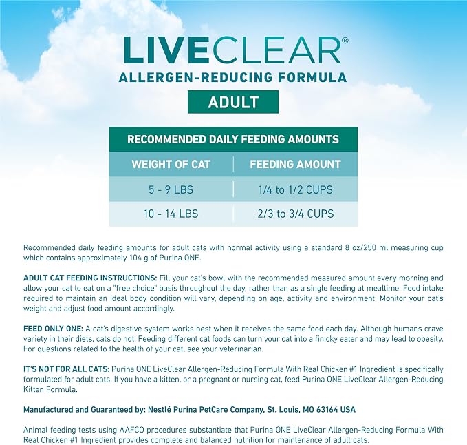 Purina ONE LiveClear Allergen-Reducing Cat Food Dry Formula with Real Chicken As The Number One Ingredient - 3 lb. Bag