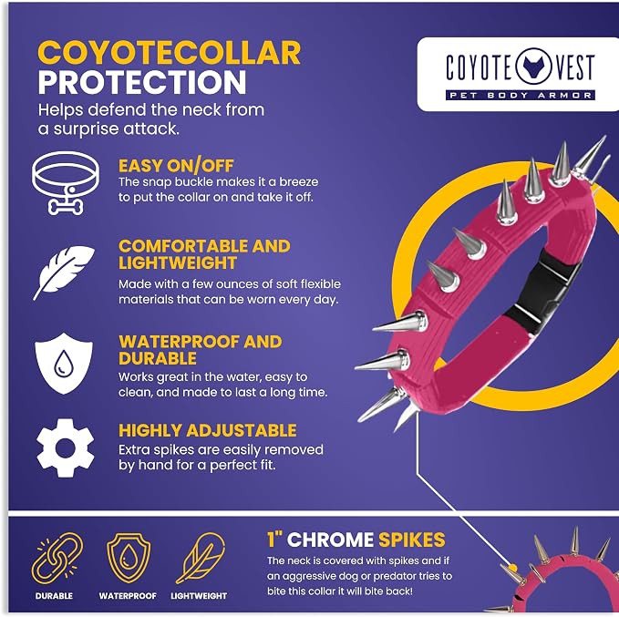 CoyoteCollar Spike Dog Collar, Adj/Replaceable Spikes, Large, Pink