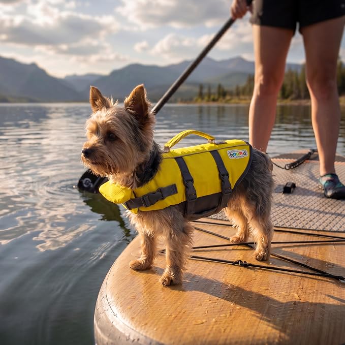 Outward Hound Granby Splash Dog Life Jacket, Life Vest, Yellow, X-Small | Max Buoyancy, Adjustable Fit, Head/Neck Support, Rescue Handle, Reflective, Swimming & Boating, X-Small Dogs (11–15" Girth)