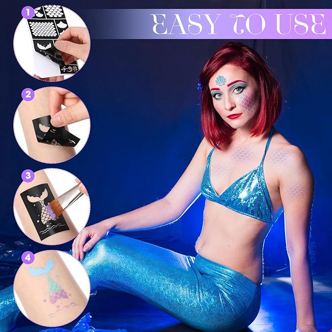 Thenshop 34 Pcs Mermaid Face Painting Kit Include Brush, 30 Sheet Mermaid Scale Stencil Reusable Stencil Stickers 3 Pcs Paints Face Body Paint Set for Halloween Birthdays Party Makeup Mermaid Cosplay