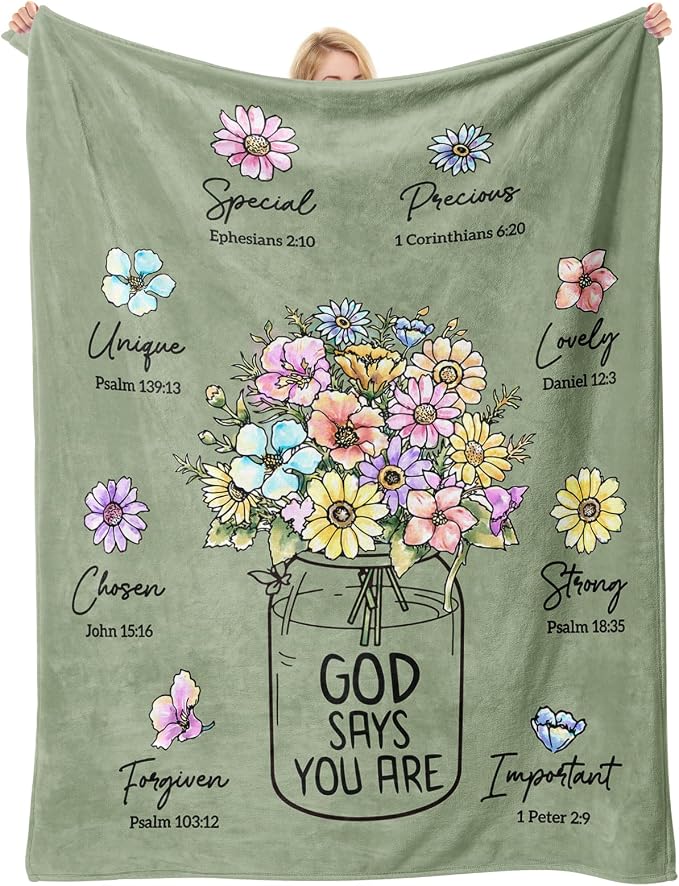 Christian Gifts for Women, Christian Birthday Blanket with Flowers | Religious Christmas Spiritual Baptism Gifts for Grandma Nana Mom Female Friend Sister, Throw Blankets 80''x 60'', Sage Green