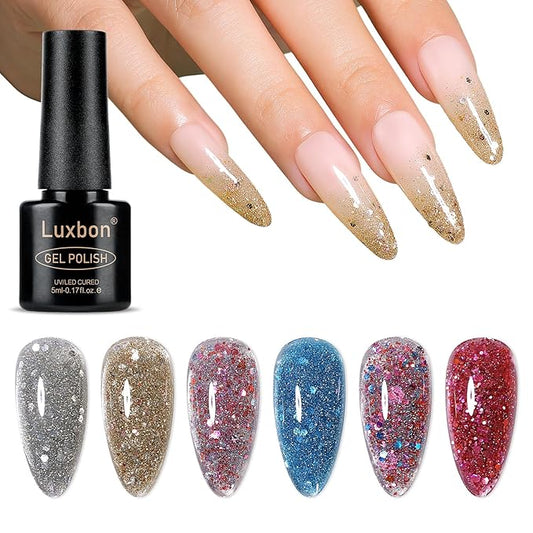 Luxbon 6 pcs Glittery Gel Nail Polish Set - Winter Color Set Long Lasting Gel Polish, uv led Soak Off Nail Art Designs Manicure Kit 031