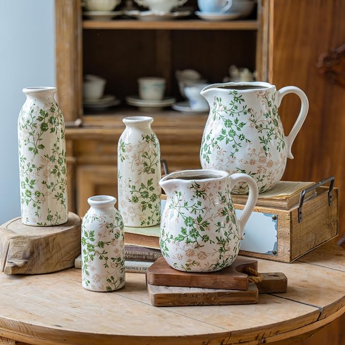 Ceramic Green and White Floral Vase with Handle, Rustic Farmhouse Pitcher Flower Vase, Chinoiserie Floral Vase for Home Decor, Living Room, Shelf, Office, Rustic Table Centerpiece 8 Inch