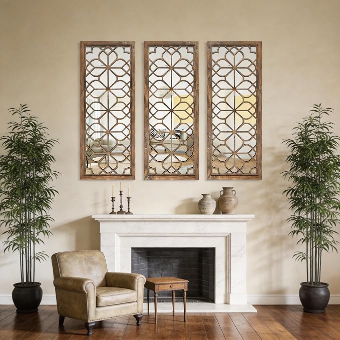 Set of 2 16x41.5 Inch Large Carved Floral Wood Frame Wall Mirrors, Shatterproof Boho Farmhouse Rustic Accent Mirrors for Living Room, Bedroom, Bathroom, Entryway & Home Wall Decor，Maroon