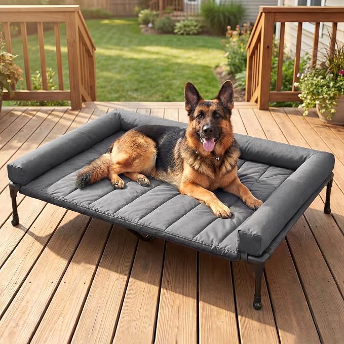 Veehoo Outdoor Elevated Dog Bed with Waterproof Bolster Cushion, Cooling | Raised Dog Bed with Removable & Washable Mat Topper, Breathable Mesh, Dog Couch Cot for Indoor Outdoor, 53", Large, Melange