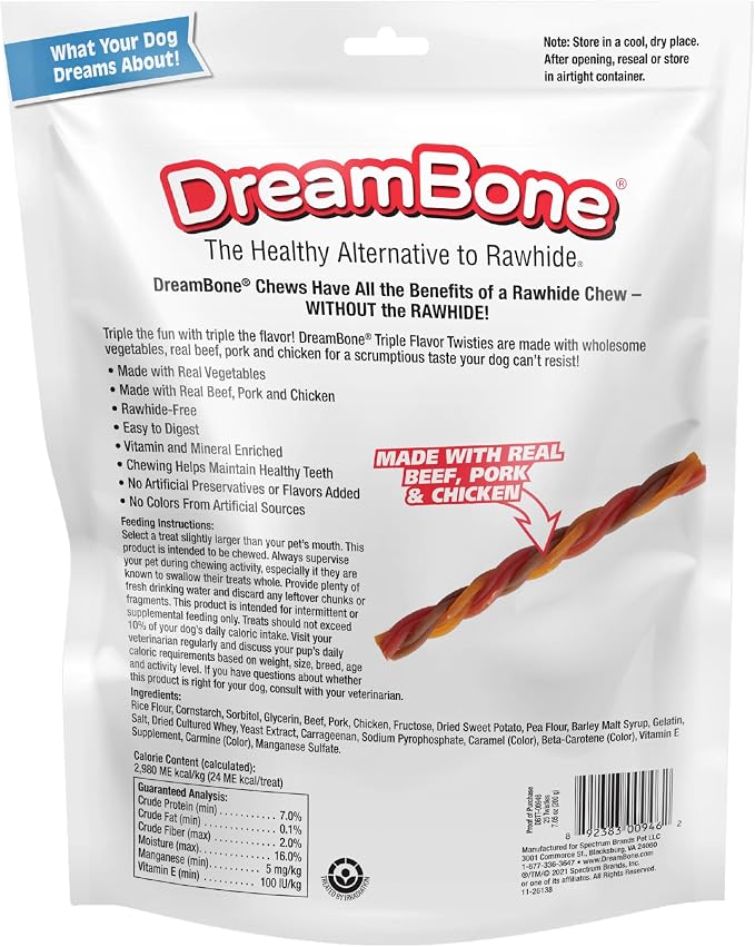 DreamBone Twisties Rawhide-Free Dog Treats with Real Protein, 25 Count | Daily Chew, Digests Safely and Completely, Made With Real Beef, Pork, Chicken and Veggies, For Adult Dogs
