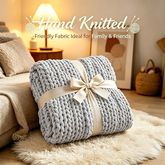 Chunky Knit Blanket Throw for Couch, 51"x63" Chunky Yarn Knitted Blankets | 100% Hand Knit Thick Chenille, Soft Breathable for Bed, Sofa, Home Decor, Cozy Gifts for Women Friends, Light Gray