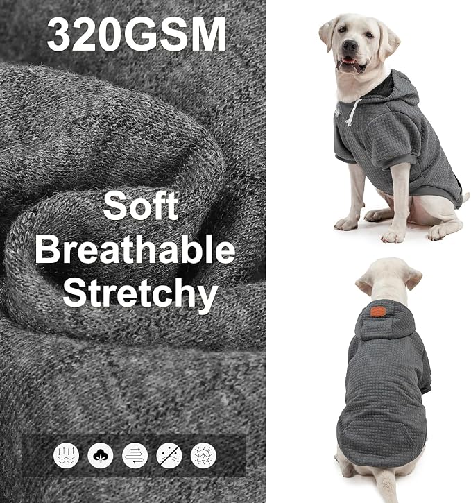 BEAUTYZOO Dog Hoodies Sweater for Medium Dogs, Waffle‑Like Laminated Coat | Warm Dog Sweatshirt with Pocket & Leash Hole, Pullover Clothes for Girl Boy Dogs, Stretchy & Easy‑On‑Off, Bulldogs Pitbulls