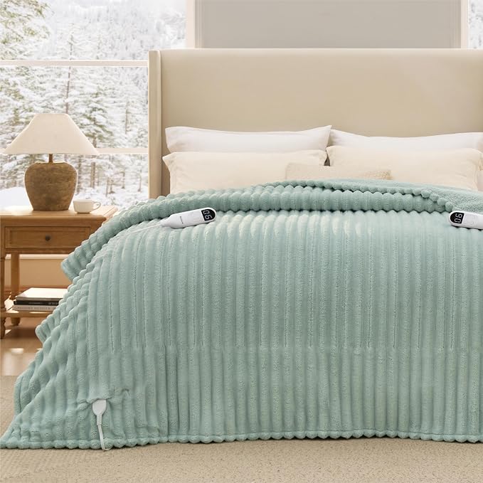 Bedsure Electric Blanket Queen Size - Thick Striped Flannel Electric Blanket with Dual Control, Heating with 6 Heat Settings & 6 Time Settings, 8 hrs Timer Auto Shut Off (84x90 inches, Green)