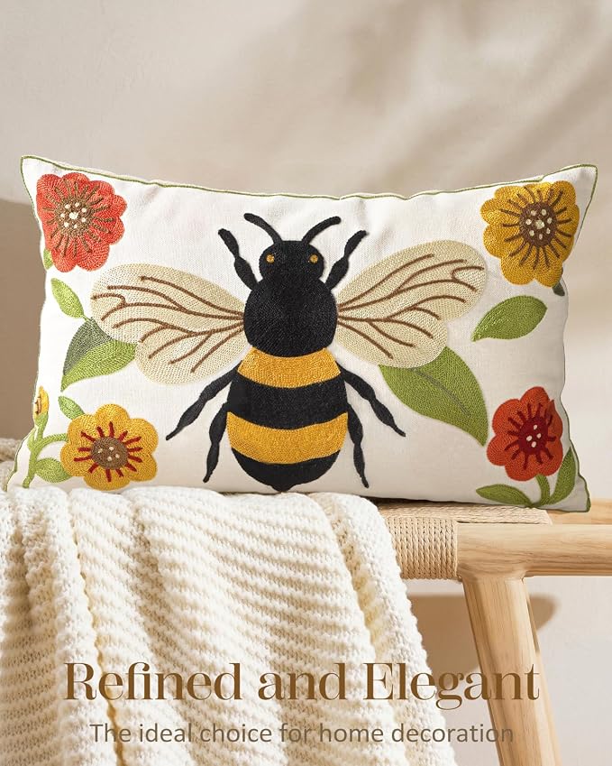 Animal Embroidered Lumbar Pillow Cover 20x12 Inch, Bee Floral | Decorative Throw Pillow Cover, Farmhouse Cushion Cases with Hidden Zipper, Cottagecore Decor for Couch, Sofa, Bedroom