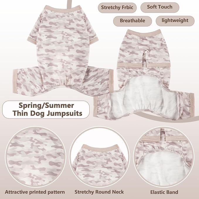 Dog Summer Pajamas Onesie Soft Breathable Puppy Jumpsuit Lightweight Dog Clothes for Small Medium Dogs Cat Pet Clothes (Khaki, Medium)