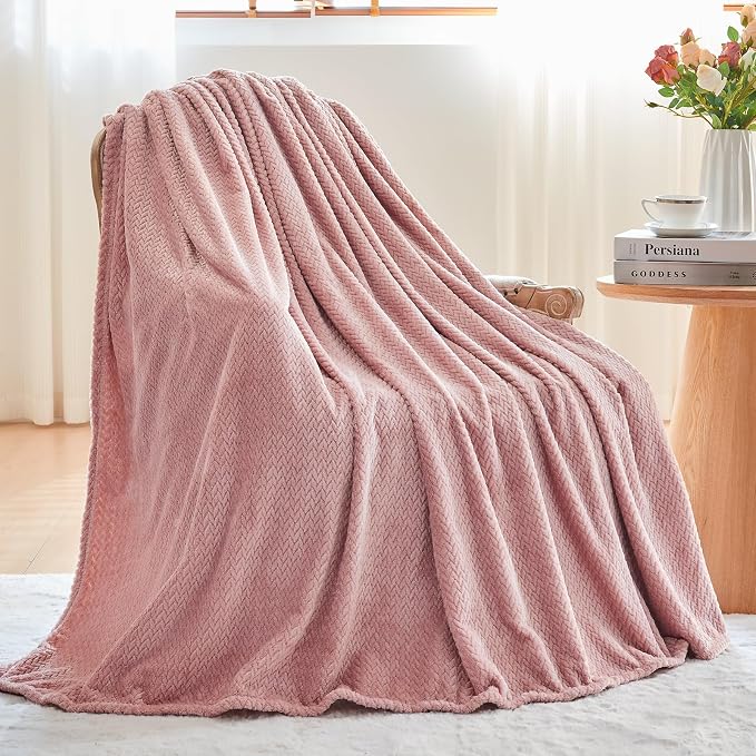 NEWCOSPLAY Fleece Leaves Pattern Throw Blanket, Dusty Pink, 50"x60" | Super Soft Throw Blanket, Lightweight Cozy Bed Sofa Blanket, Premium Silky Flannel Fleece, Travel Blanket for All Season Use
