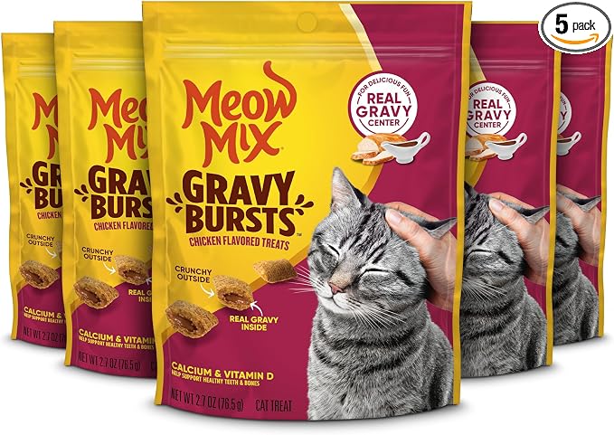 Meow Mix Gravy Bursts Chicken Flavored Cat Treats, 2.7 Oz. Bags (Pack of 5)
