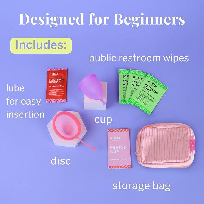 Pixie Menstrual Cup & Disc Duo for Feminine Care - Ranked 1 for Most Comfortable Reusable Period Cup & Disc - Buy One We Give One - Includes Ebook Guide, Flushable Wipes, Lube, Sanitizer & Storage Bag