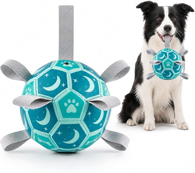 Dog Soccer Ball with Straps, 6 Inch Herding Dog Ball Toys Dog Birthday Toy, Balls for 20-40lbs Dogs, Outdoor Puppy Toys for Small Medium Dogs, Interactive Toy for Tug, Water Toy Ball,Blue
