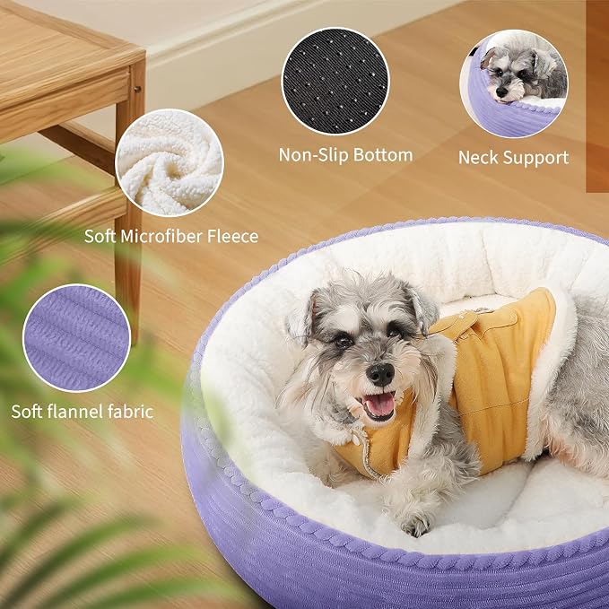 Zerbuger 23in Violet Round Dog Bed Sofa for Dogs Cats, Machine Washable | for Small/Medium/Large Dogs Cats, Foam Pet Couch with Removable Mat Non-Slip Bottom, Pet Cuddler for Indoor/Outdoor/Car/Cage