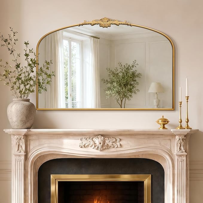 Besdomus Vintage Arched Gold Mirror: 48"x33" Oversized Decorative Mirrors | French Baroque Metal Framed - Traditional Ornate for Home Renovation Decor - Ideal for Foyer/Entryway/Fireplace/Living Room