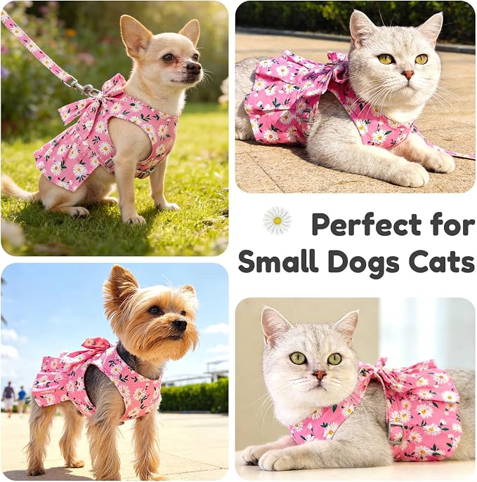 BAEJMJK Dog Dress Bowknot Harness Leash Set for Small Dogs Cats Daisy Floral Girl Dog Dresses Cute Puppy Princess Clothes Pet Doggy Outfits Spring Summer Breathable Dresses(Pink,Large)