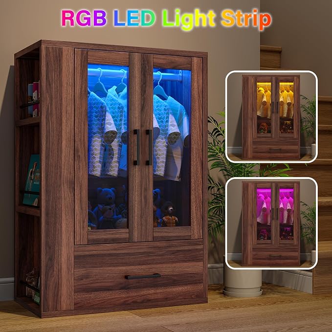 kepptory Pet Wardrobe Closet with LED Light, Side Storage Shelves & Drawer, Walnut Pet Clothes Organizer Cabinet with Hanging Rod, Multi-Functional Pet Closet for Dogs & Cats Clothing, Toys | Walnut Pet Clothes Organizer Cabinet with Hanging Rod, Multi...