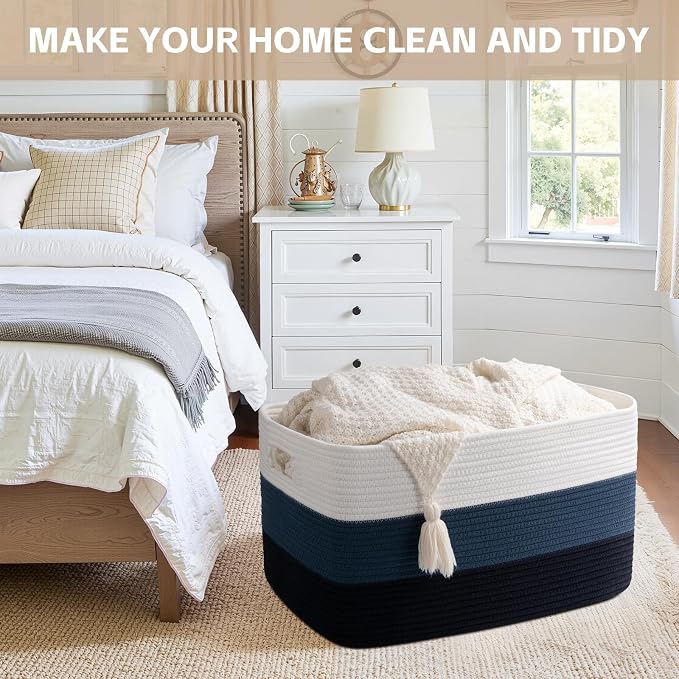OIAHOMY Large Blanket Basket, 22”x17”x12” Rectangle Woven Baskets, Nursery Blanket Storage Living Room, Toy Storage With Handle, Large Baskets for Organizing-Gradient Blue