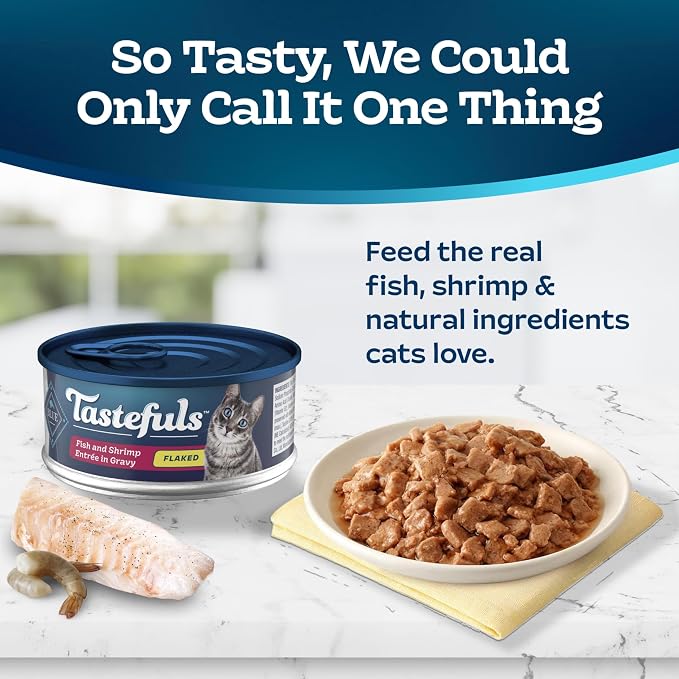 Blue Buffalo Tastefuls Fish & Shrimp Flaked Wet Cat Food, 5.5 oz, 24 ct | Real Fish First, Entrée in Gravy, No Chicken By-Product, Corn, Wheat, or Soy