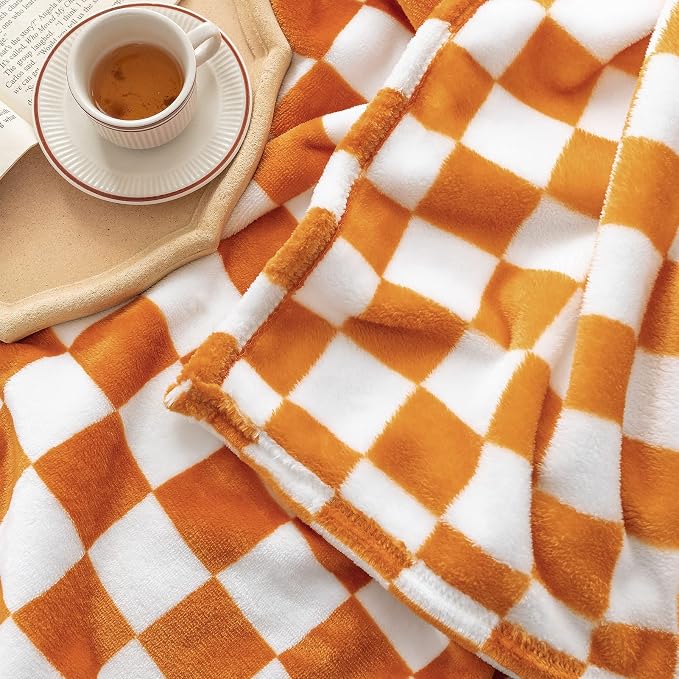 LOMAO Throw Blankets Flannel Blanket with Checkerboard Grid Pattern Soft Throw Blanket for Couch, Bed, Sofa Luxurious Warm and Cozy for All Seasons (Orange, 90"x90")