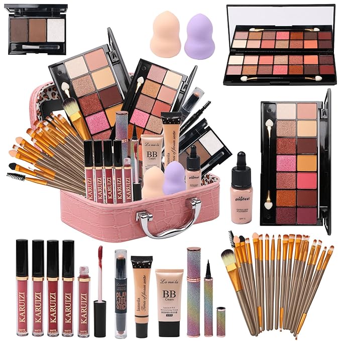 All in One Makeup Kit for Makeup storage bag 2X14 Colors Eyeshadow Palette Liquid Foundation Eyeliner Pencils Contouring Stick 20Pcs Make up Brushes For Women Girls Teens (Pink)
