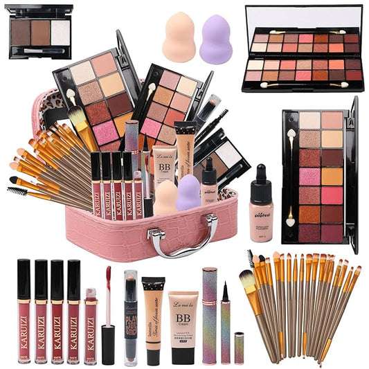 All in One Makeup Kit for Makeup storage bag 2X14 Colors Eyeshadow Palette Liquid Foundation Eyeliner Pencils Contouring Stick 20Pcs Make up Brushes For Women Girls Teens (Pink)