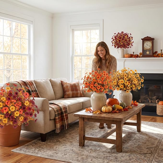 24 Pcs Artificial Fall Flowers, Fake Mums Outdoors, Deep Orange | Lifelike faux mums, silk flower, UV resistant, no-maintenance, for autumn Thanksgiving garden porch yard indoor outdoor decor