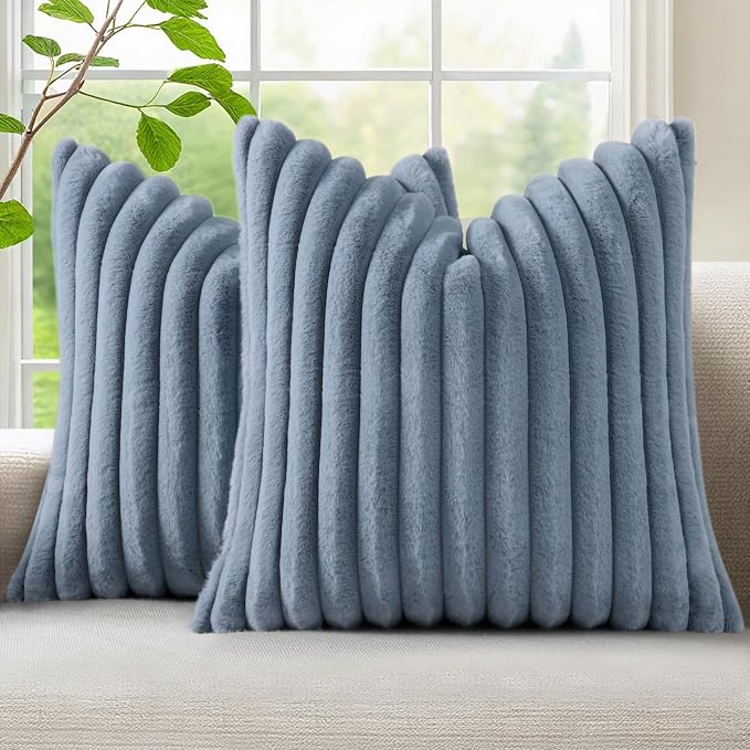 decorUhome Fall Faux Fur Throw Pillow Covers 20x20 Set of 2 Grey Blue | Decorative Soft Cozy Striped Plush Modern Farmhouse Boho Couch Pillow Cases Velvet Back for Sofa Bed Living Room Home Decor