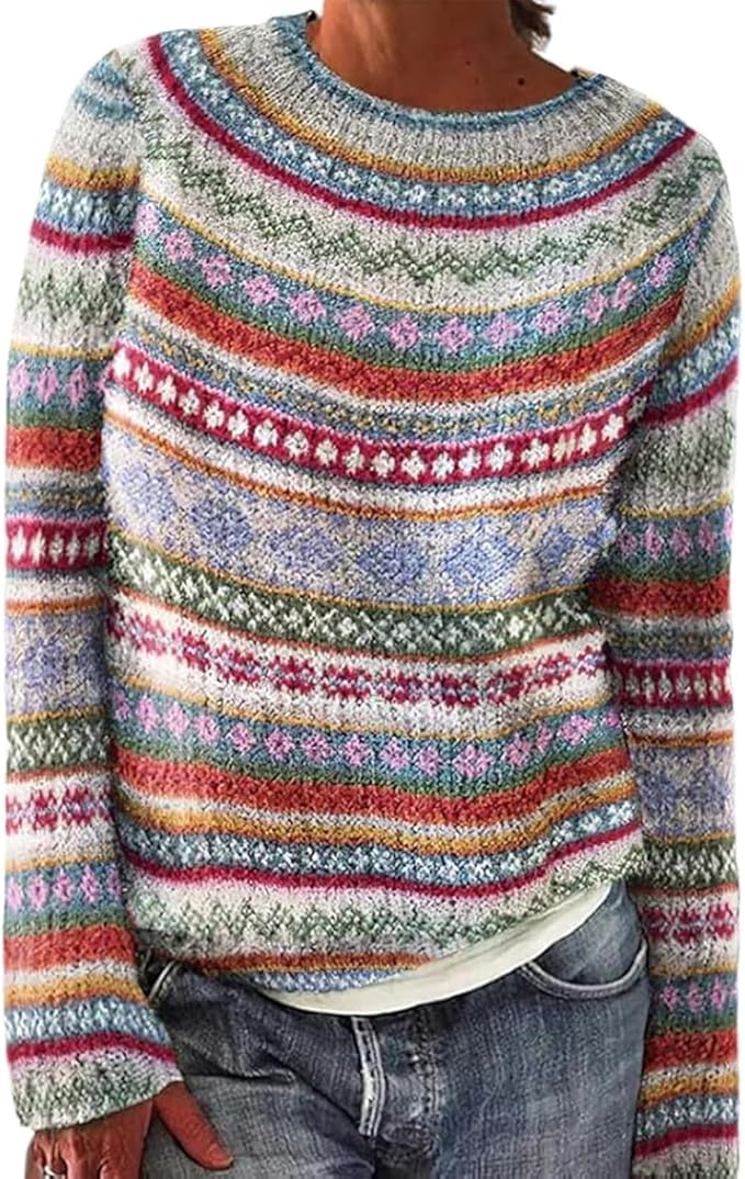 Zhyaj Fair Isle Sweater for Womens Winter Long Sleeve Vintage Knitted Sweater Casual Fall Crew Neck Pullover Sweaters
