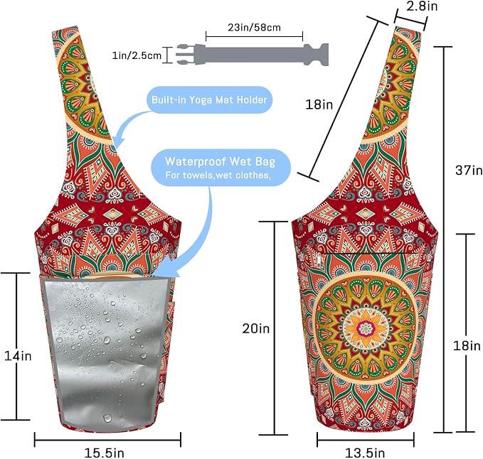 Mandala Yoga Mat Bag with Large Waterproof Zipper Pocket and Drawstring Pocket Long Tote Yoga Mat Carrier Holder Bags Fit Most Size Mats
