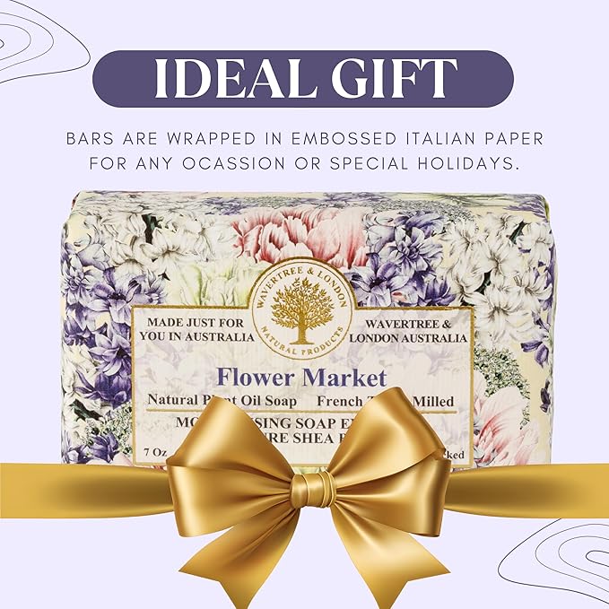 Wavertree & London Flower Market Scented Natural Soap (8 Bars), 7oz Moisturizing French Triple Milled Soap Bars enriched with shea butter - Pure Plant Oil Bath & Body Bars for All Skin Types