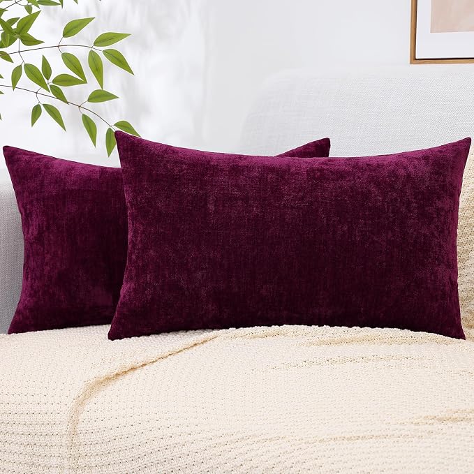 decorUhome Soft Chenille Burgundy Throw Pillow Covers 12X20 Set of 2 | Decorative Fall Couch Pillow Covers Solid Dyed Accent Modern Farmhouse Neutral Rectangle Pillow Cases for Sofa