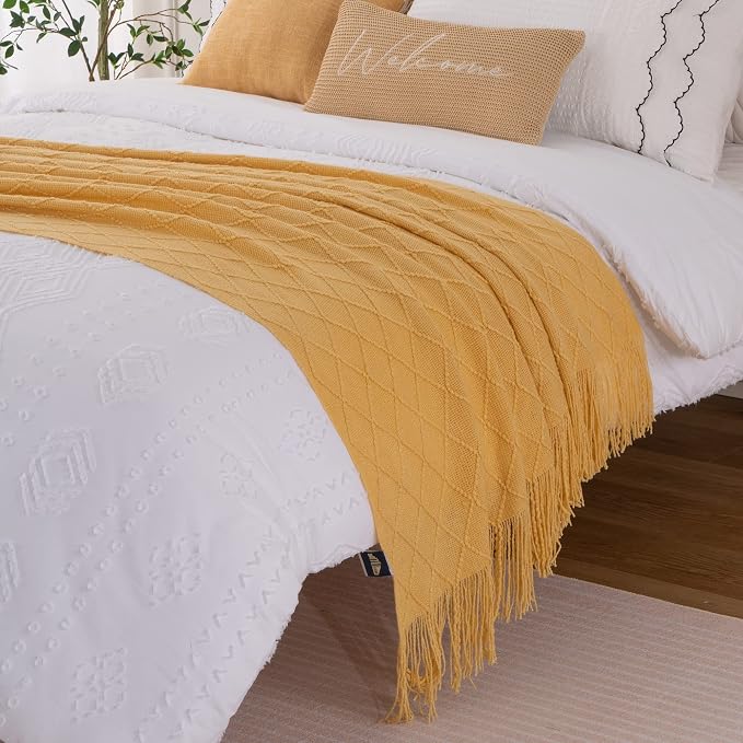 BATTILO HOME Yellow Throw Blanket with Fringe, Gold Bed Throws Spring Decorative Large Throw for Couch Sofa Indoor Outdoor (Yellow, 52"x80")
