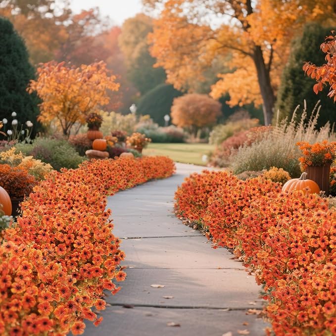 24 Pcs Artificial Fall Flowers, Fake Mums Outdoors, Fall Orange | Lifelike faux mums, silk flower, UV resistant, no-maintenance, for autumn Thanksgiving garden porch yard indoor outdoor decor