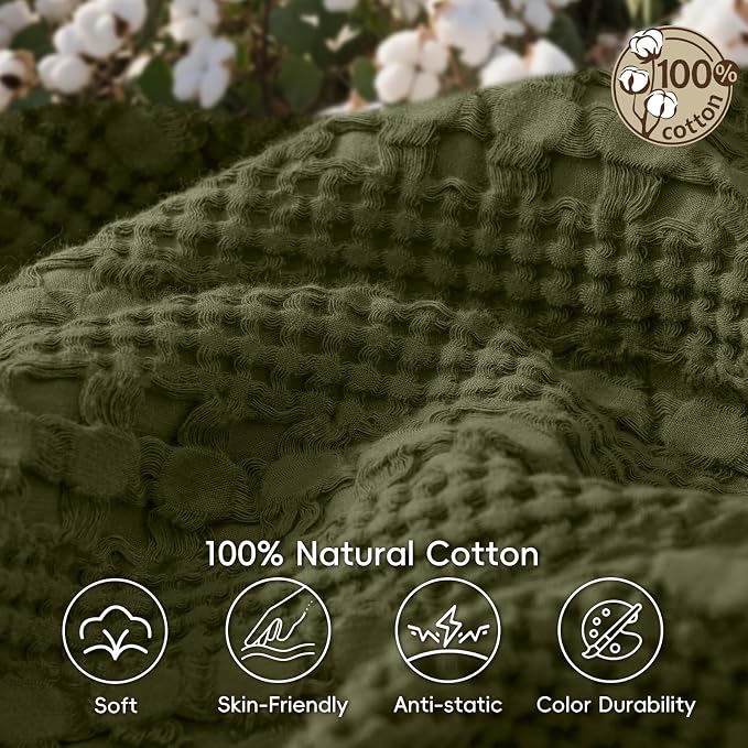 PHF 100% Cotton Waffle Weave Blanket Queen Size, Lightweight Breathable Summer Blanket for Hot Sleepers, Pre-Washed Soft Layer for Bed, Couch, Aesthetic Home Decor & Gift, 90"x90", Capulet Olive